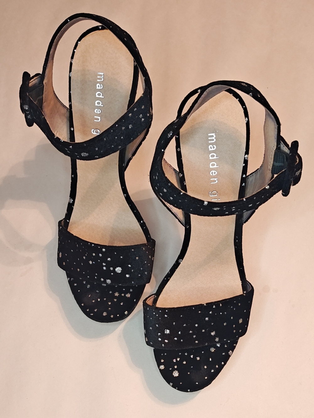Madden Girl Black Sparkle T-Strap Ankle Strap Heels